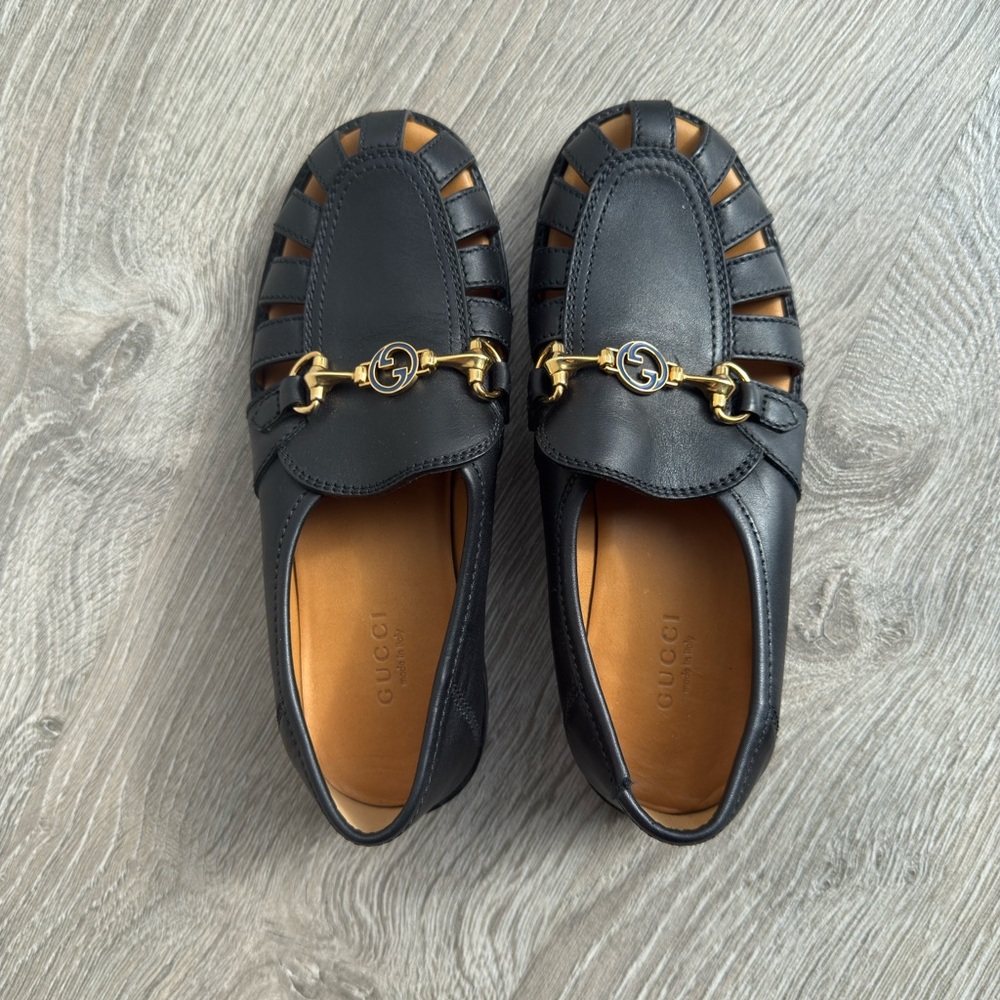 Gucci Navy Leather Loafers with Gold Accent